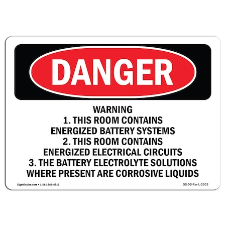 Signmission OSHA Danger Sign, 10" Height, 14" Wide, Aluminum, Warning 1. This Room Contains Energized, Landscape OS-DS-A-1014-L-2303
